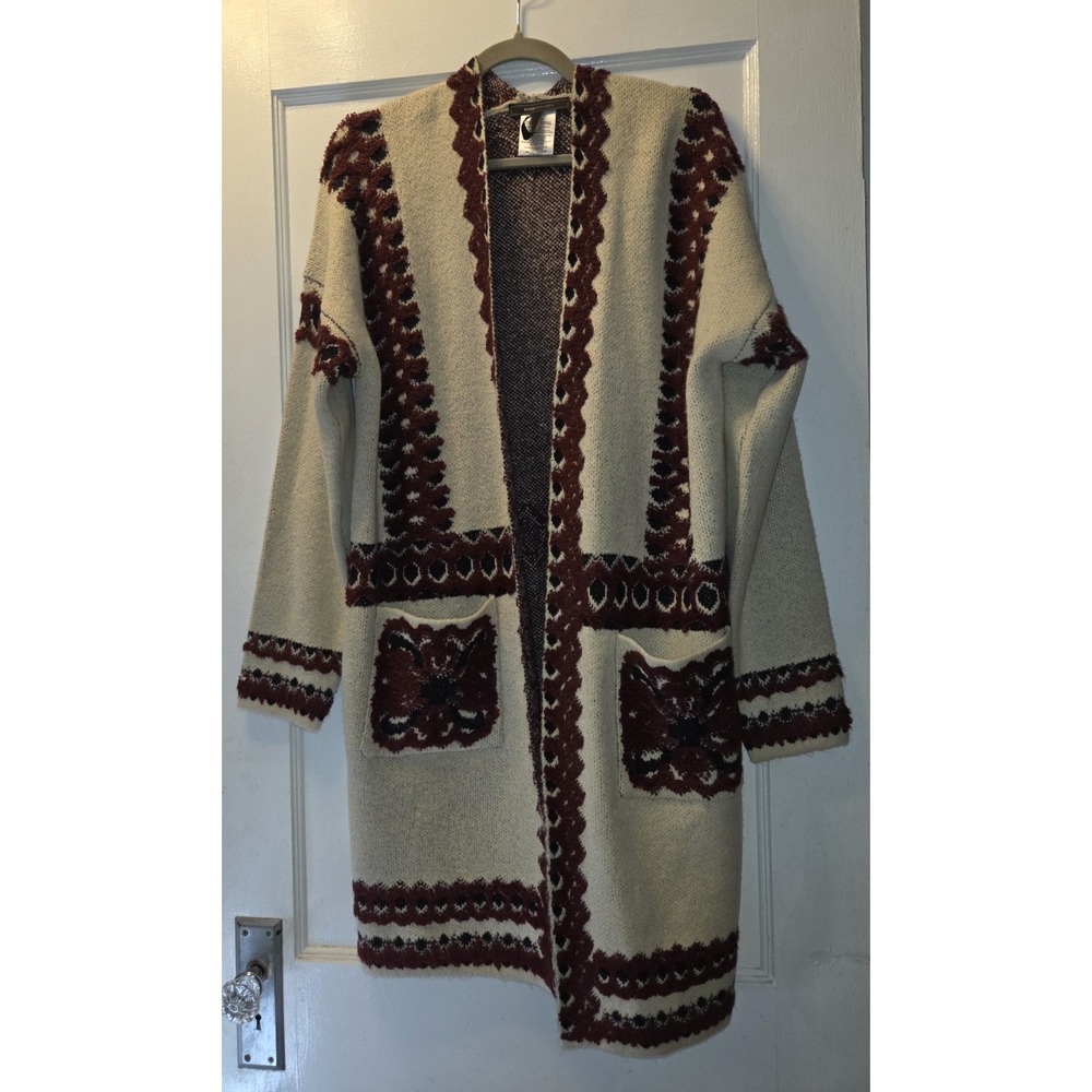 BCBG Max Azria Women Open Front Cardigan Cream w Black, Burgandy Oversiz Size L